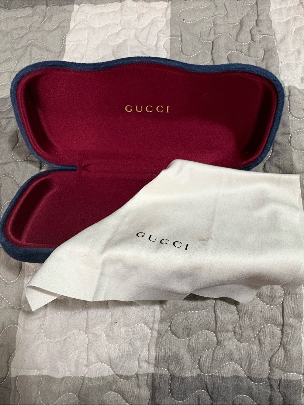 Gucci Eyewear Case with Burgundy Interior and Velvet Navy Blue Exterior